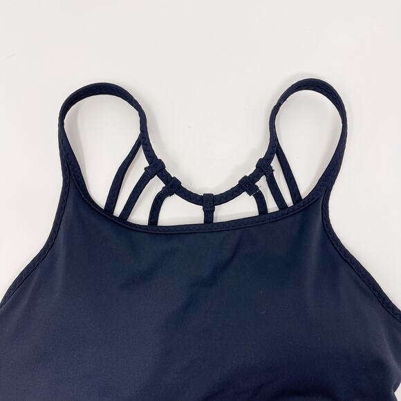 Athleta Navy Blue Strappy Back Sports Bra Small S Scoop Neck Removable Cups - Picture 3 of 9